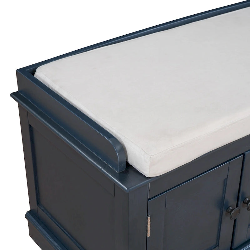 Storage Bench with 4 Doors and Adjustable Shelves with Removable Cushion (Antique Navy)