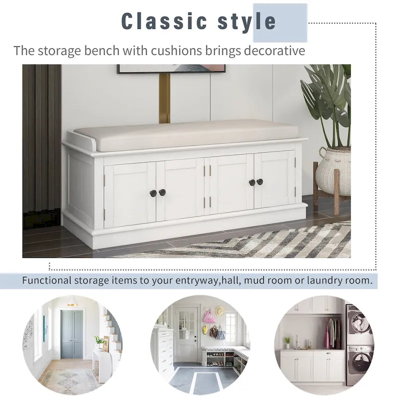 Storage Bench with 4 Doors and Adjustable Shelves with Removable Cushion (Antique Navy)