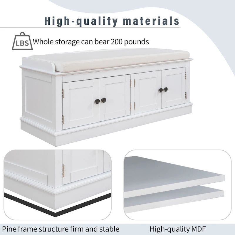 Storage Bench with 4 Doors and Adjustable Shelves with Removable Cushion (Antique Navy)
