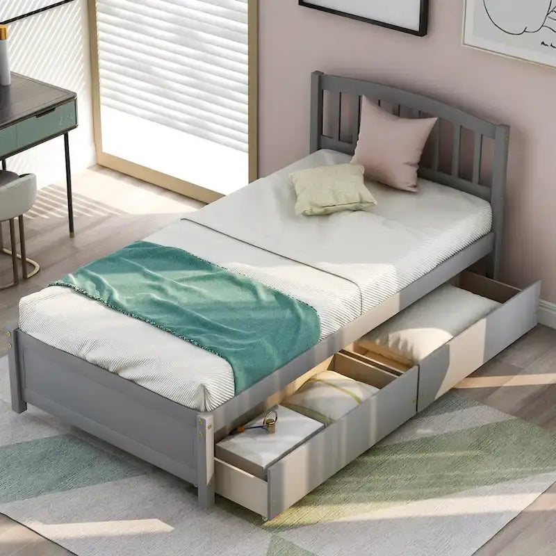 Twin Size Wood Platform Storage Bed with Drawers