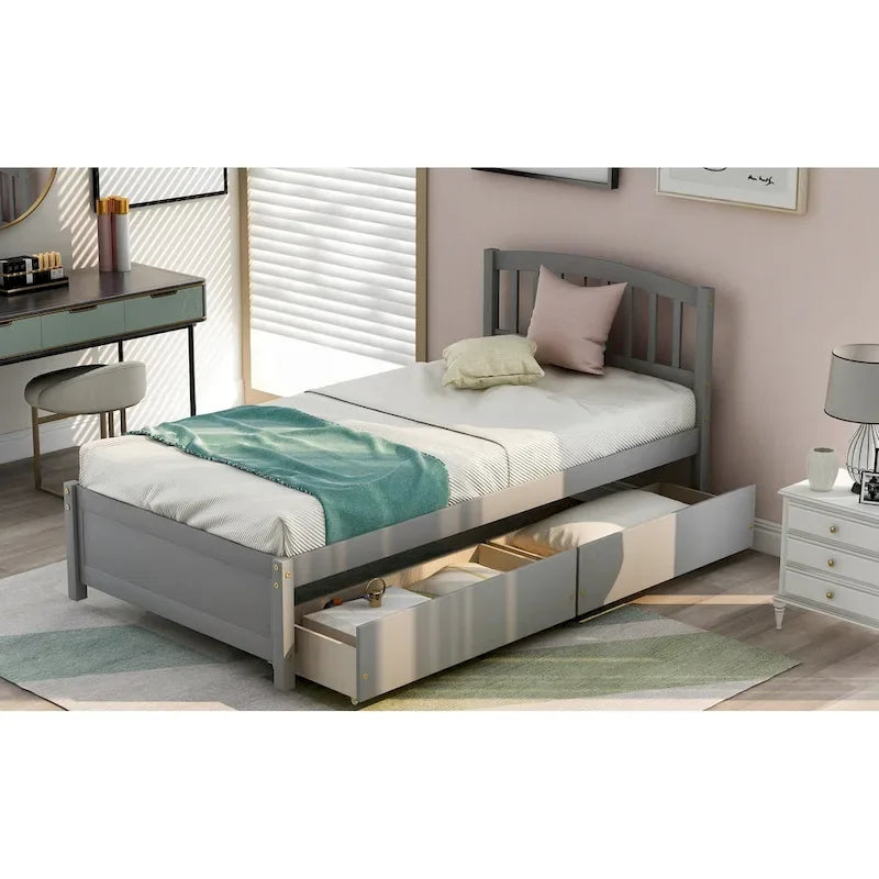 Twin Size Wood Platform Storage Bed with Drawers
