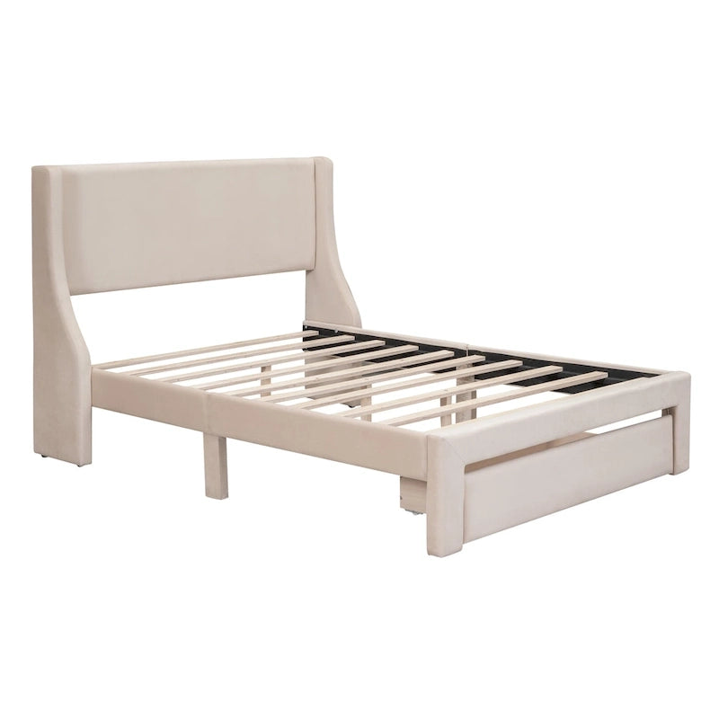Full Size Beige Velvet Upholstered Platform Bed with Large Drawer