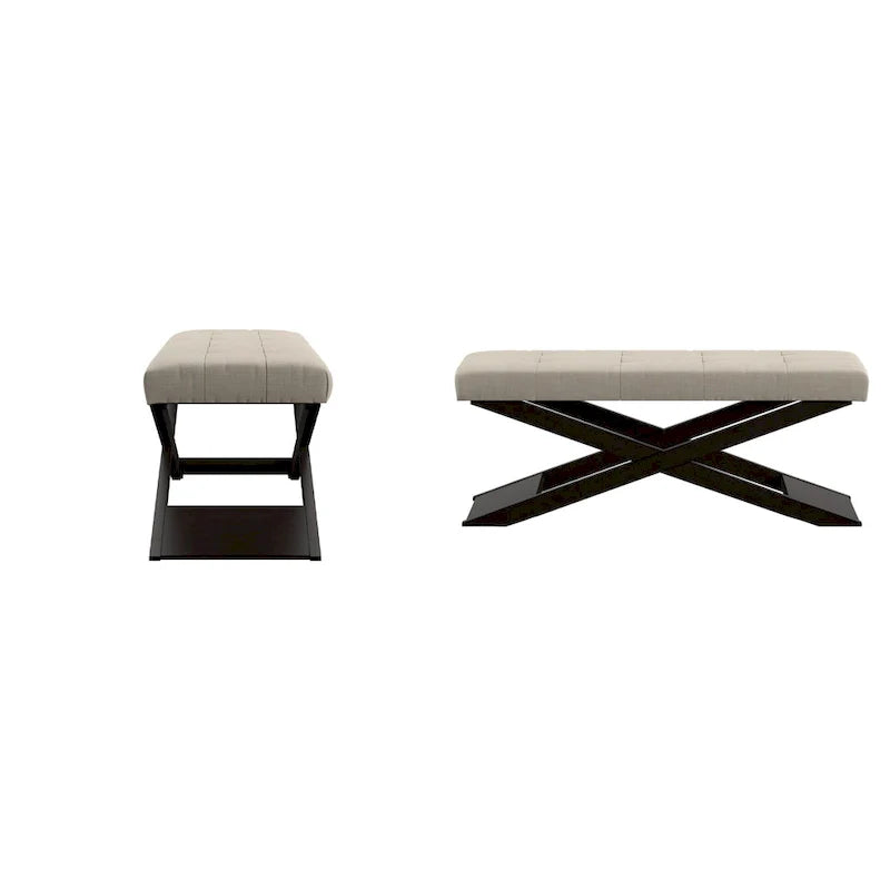 Marzala Beige Linen Wood X-Base Bench