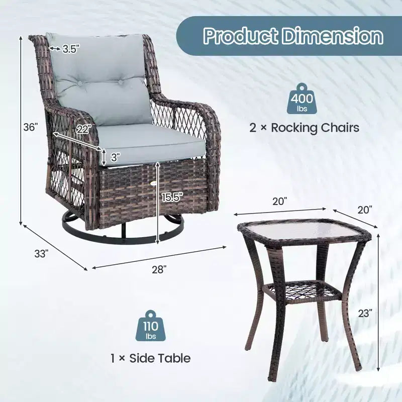 Costway 3 PCS Patio Furniture Set Rocking Chairs Set of 2 with Glass Top Side Table