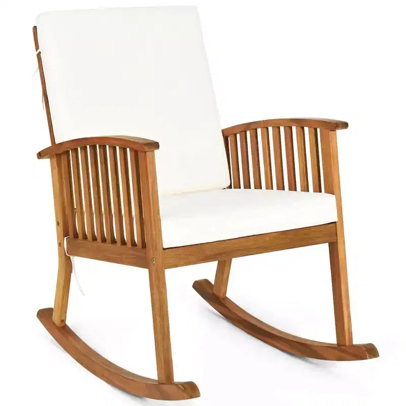 Costway 3 Pieces Acacia Wood Rocking Bistro Set with Coffee Table and Cushions for Lawn