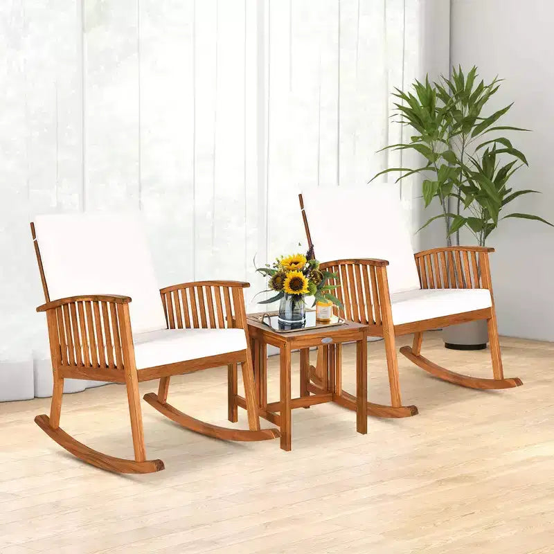 Costway 3 Pieces Acacia Wood Rocking Bistro Set with Coffee Table and Cushions for Lawn
