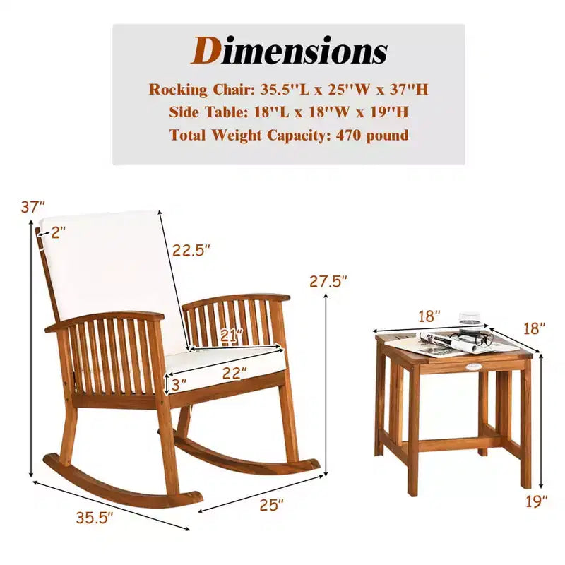 Costway 3 Pieces Acacia Wood Rocking Bistro Set with Coffee Table and Cushions for Lawn