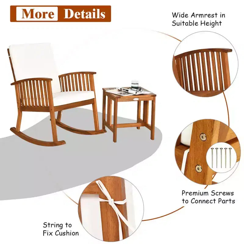 Costway 3 Pieces Acacia Wood Rocking Bistro Set with Coffee Table and Cushions for Lawn