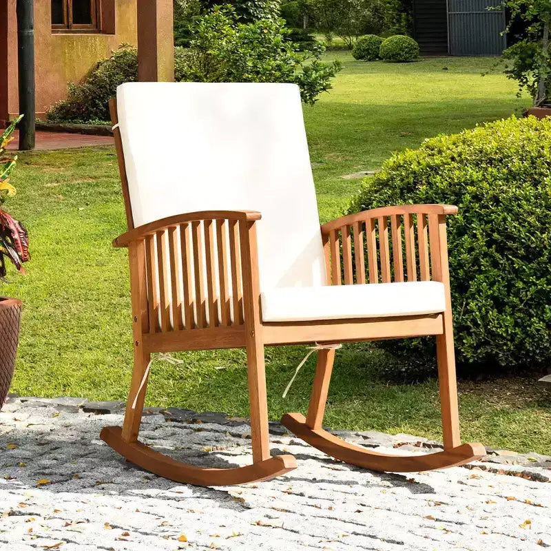 Costway 3 Pieces Acacia Wood Rocking Bistro Set with Coffee Table and Cushions for Lawn