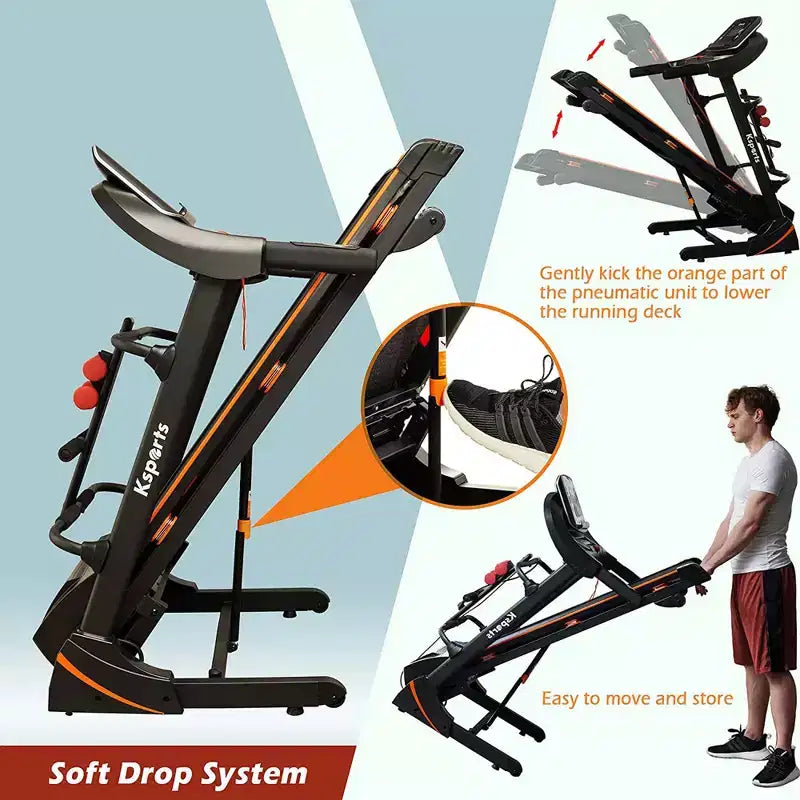 Ksports Multi-Functional Electric Treadmill Home Gym Cardio Strength Training Workout Set w/ Ab Mat, Sit-Up Strap, & Adjustable Incline