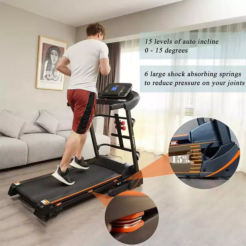 Ksports Multi-Functional Electric Treadmill Home Gym Cardio Strength Training Workout Set w/ Ab Mat, Sit-Up Strap, & Adjustable Incline