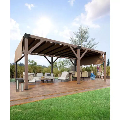 12 X 20 FT Wood Pergola, Retractable Shade Canopy, Outdoor Wooden Pergola for Patio