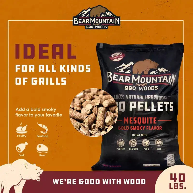 Bear Mountain BBQ Premium All Natural Mesquite Smoker Wood Chip Pellets for Outdoor Gas, Charcoal, and Electric Grills, 40 Pound (2 Pack)