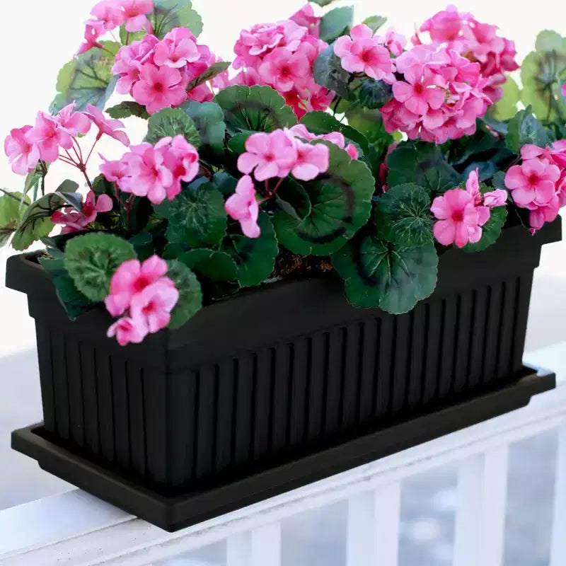 HC Companies 24 Inch Long Fluted Plastic Venetian Garden Window Container Planter Box for Flowers, Vegetables, or Succulents, Black (4 Pack)