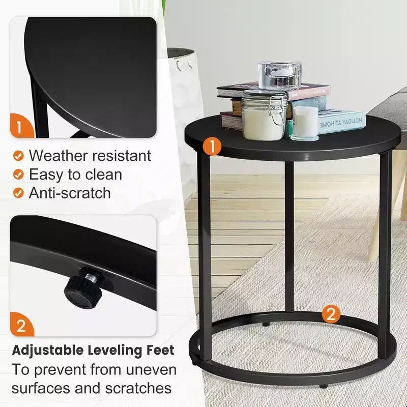 Crestlive Products Patio Side Table, Chaise Lounge Table, Snack End Table, Metal Round Coffee Bistro Table for Indoor Outdoor (Black)