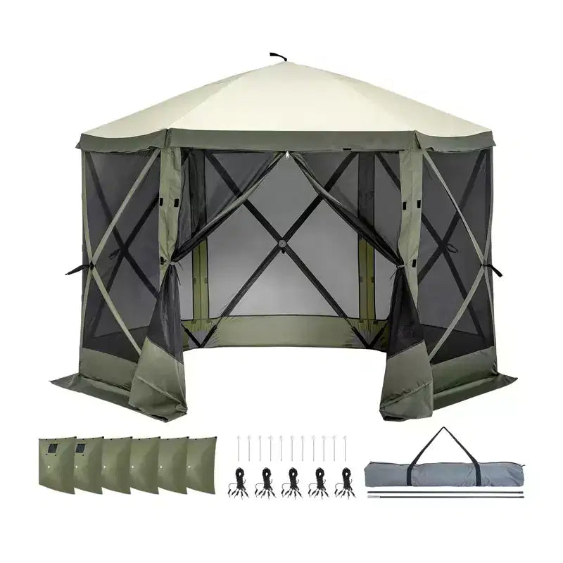Pop Up Gazebo Screen Tent 10x10 FT 6-Sided Canopy Shelter with Removable Privacy Wind Cloths and Mesh