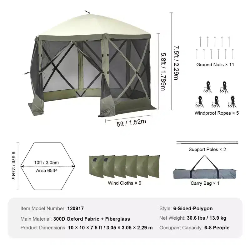 Pop Up Gazebo Screen Tent 10x10 FT 6-Sided Canopy Shelter with Removable Privacy Wind Cloths and Mesh