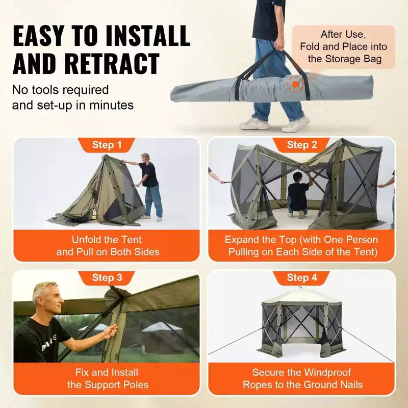 Pop Up Gazebo Screen Tent 10x10 FT 6-Sided Canopy Shelter with Removable Privacy Wind Cloths and Mesh