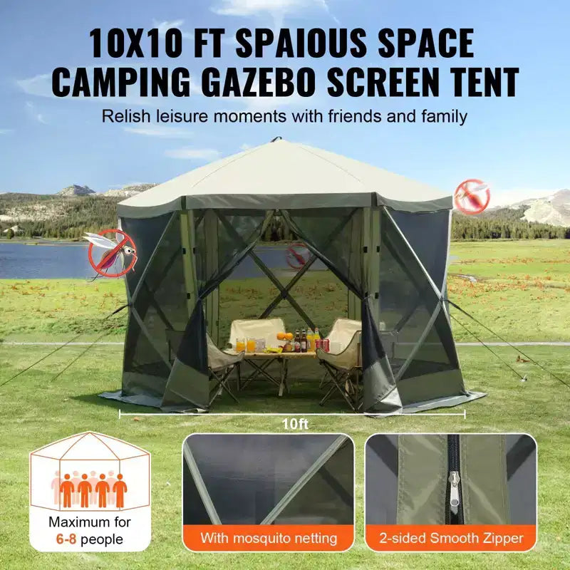 Pop Up Gazebo Screen Tent 10x10 FT 6-Sided Canopy Shelter with Removable Privacy Wind Cloths and Mesh