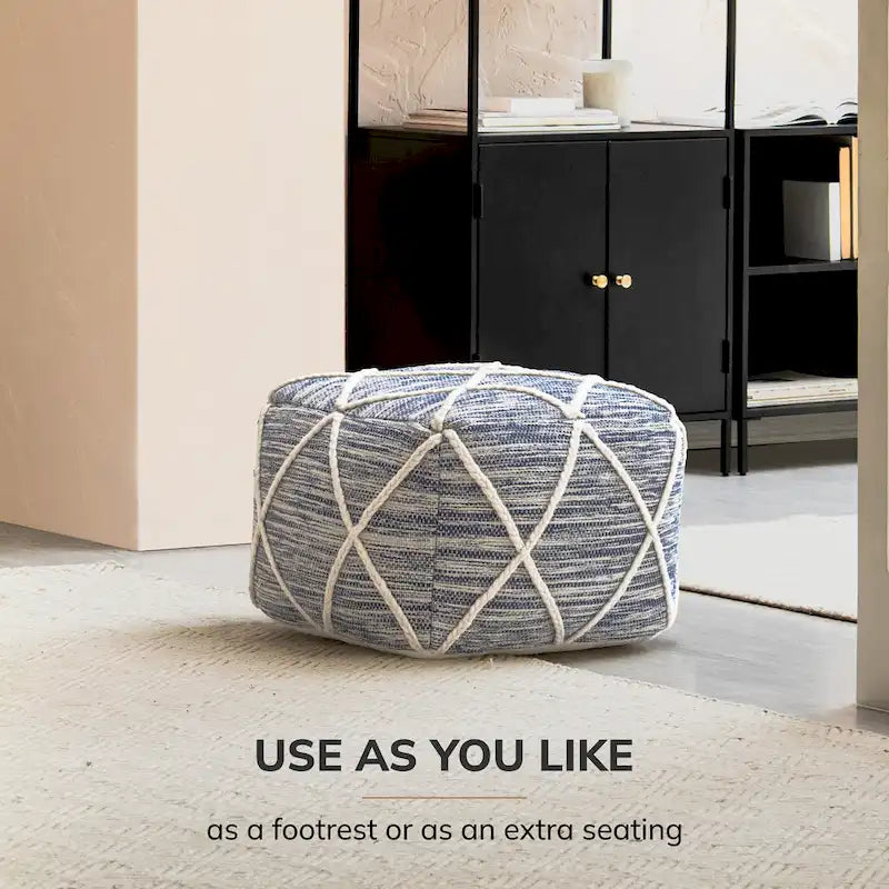 Jani Kirkwood Lake 22-inch Blue Pouf Ottoman - Handmade Footrest for Living Room, Bedroom, Nursery, Kidsroom