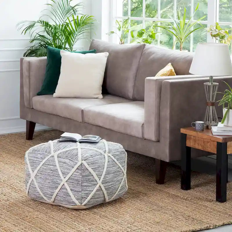 Jani Kirkwood Lake 22-inch Blue Pouf Ottoman - Handmade Footrest for Living Room, Bedroom, Nursery, Kidsroom