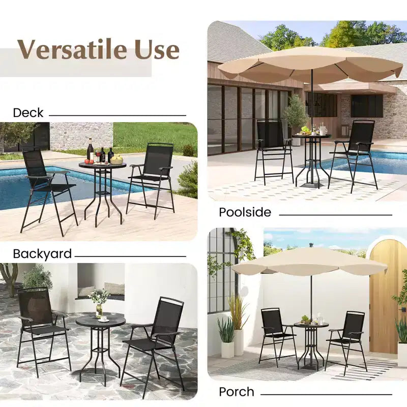 Costway 3 PCS Outdoor Bar Stool Set with DPC Tabletop Umbrella Hole & Footrest 2 Chairs