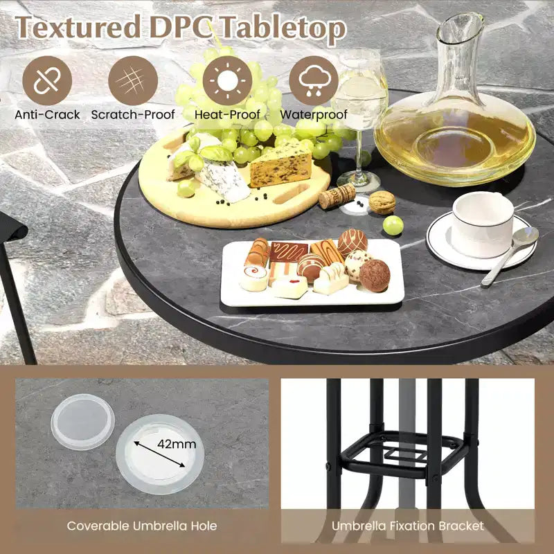 Costway 3 PCS Outdoor Bar Stool Set with DPC Tabletop Umbrella Hole & Footrest 2 Chairs