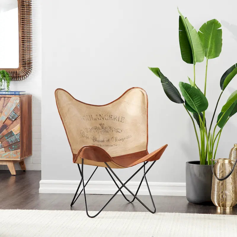 White, Gray, Brown, Light Brown or Brown Beige Leather Handmade Butterfly Chair with Black Stand