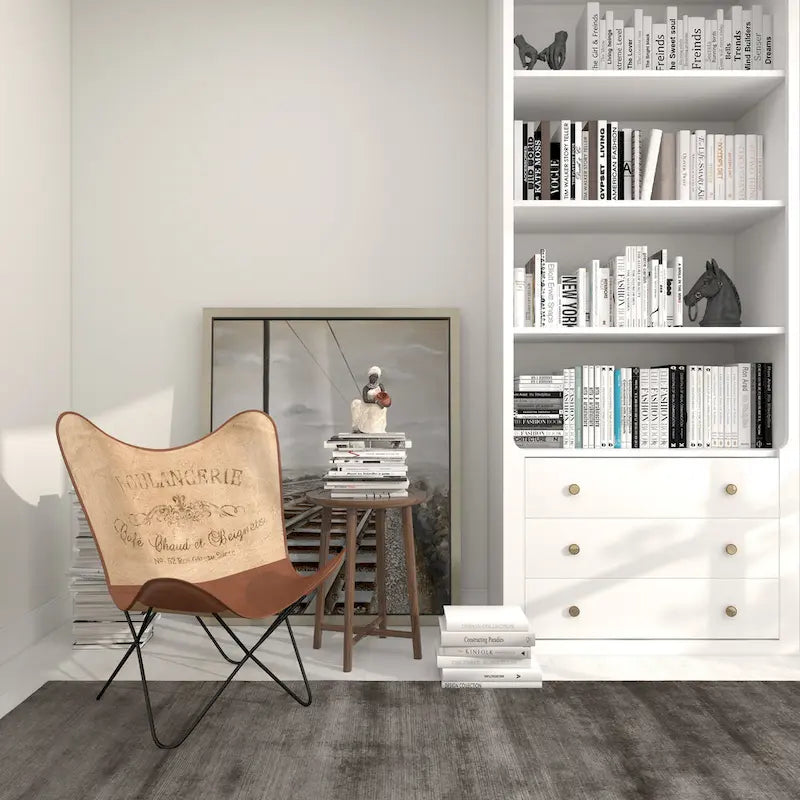 White, Gray, Brown, Light Brown or Brown Beige Leather Handmade Butterfly Chair with Black Stand