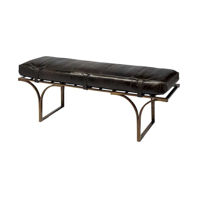 Jessie 55L x 16W Brown Leather Seat W/Black Metal Base Accent Bench - 55.0L x 16.0W x 19.0H