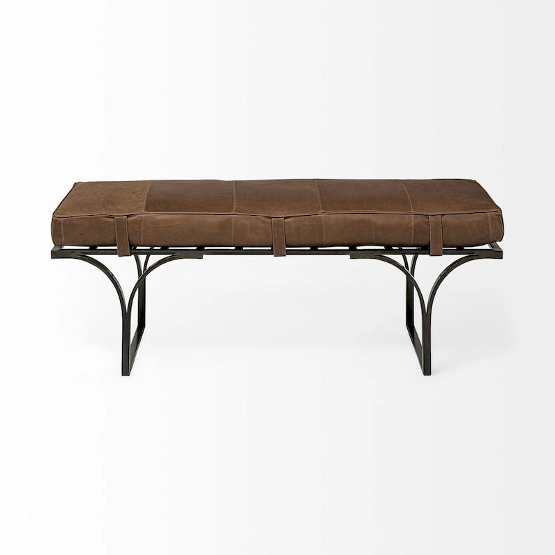 Jessie 55L x 16W Brown Leather Seat W/Black Metal Base Accent Bench - 55.0L x 16.0W x 19.0H