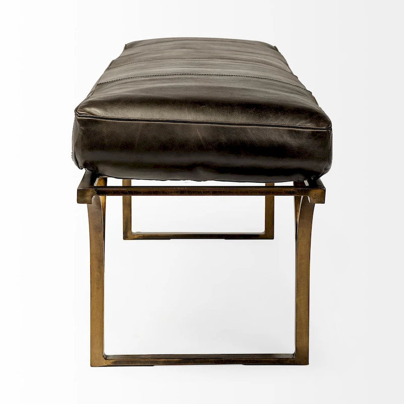 Jessie 55L x 16W Brown Leather Seat W/Black Metal Base Accent Bench - 55.0L x 16.0W x 19.0H