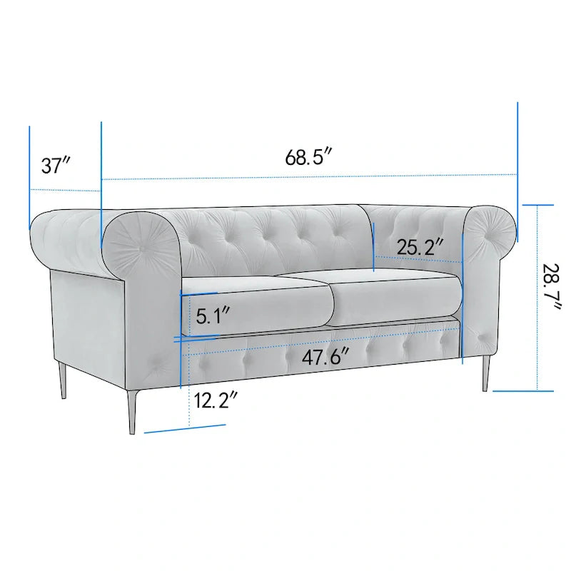 Corvus Prato Tufted Velvet Chesterfield Loveseat Sofa with Rolled Arms