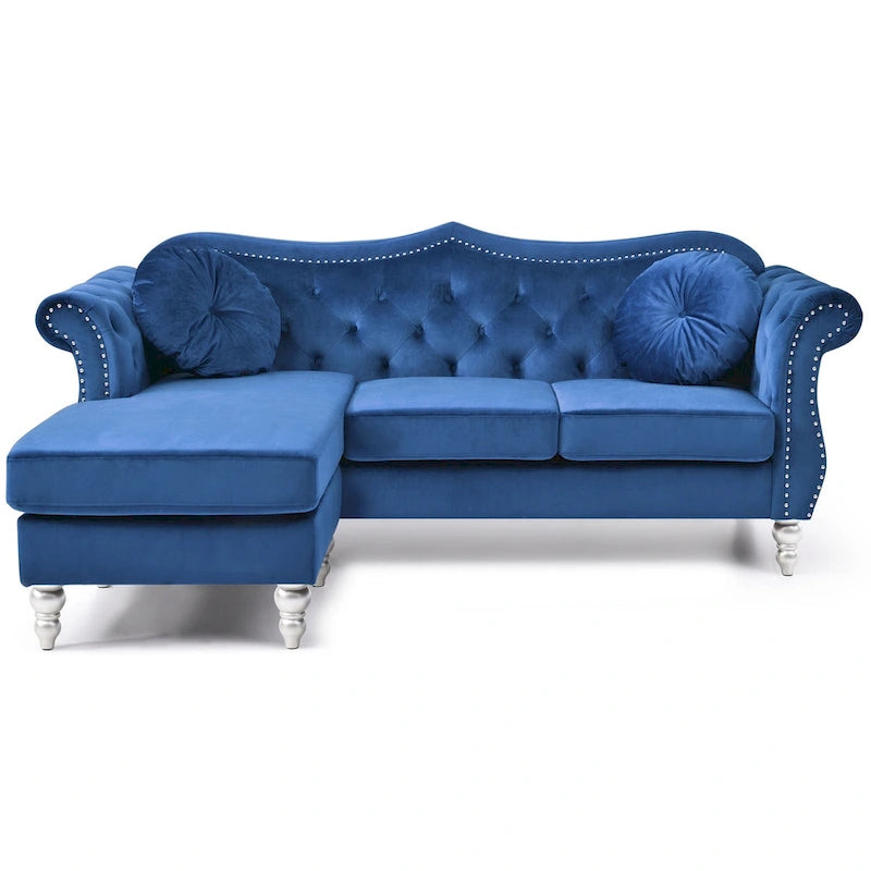 Hollywood 81 in. Velvet Chesterfield Sectional Sofa with 2-Throw Pillow - 81L x 35W x 34H