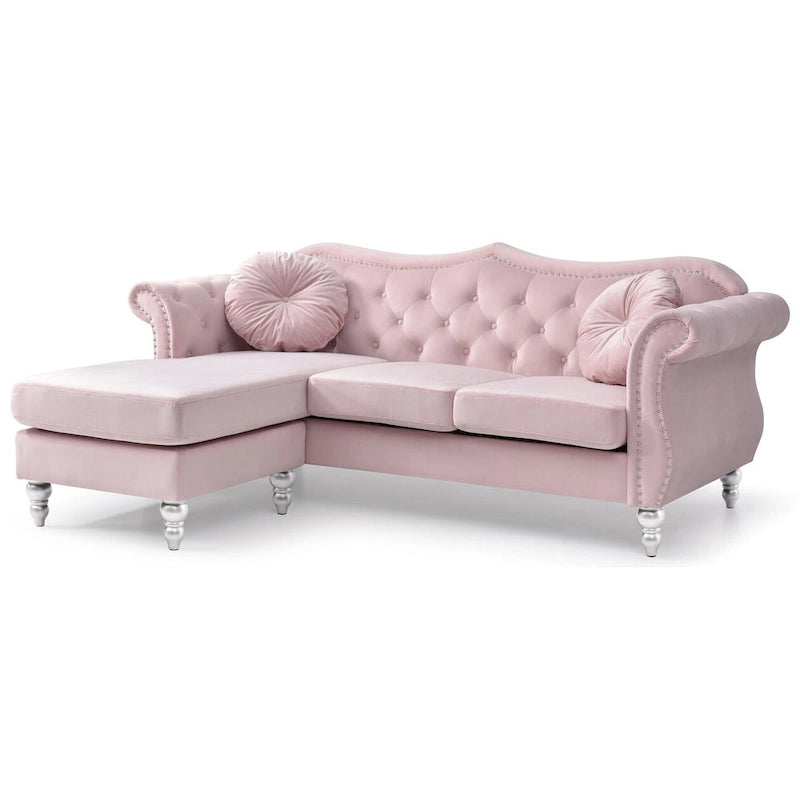 Hollywood 81 in. Velvet Chesterfield Sectional Sofa with 2-Throw Pillow - 81L x 35W x 34H