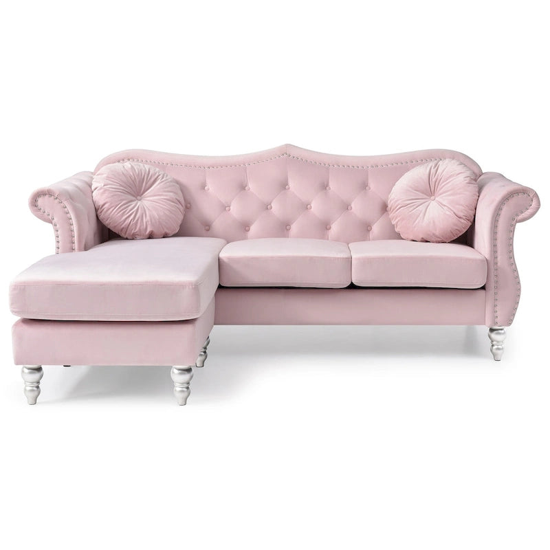 Hollywood 81 in. Velvet Chesterfield Sectional Sofa with 2-Throw Pillow - 81L x 35W x 34H