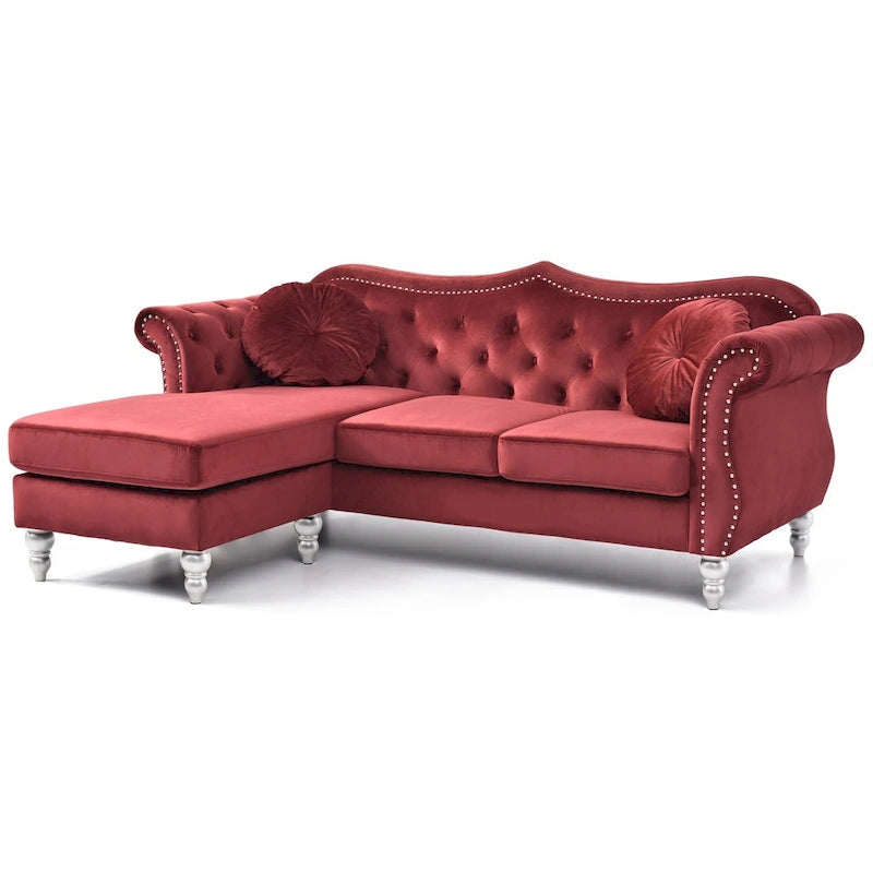 Hollywood 81 in. Velvet Chesterfield Sectional Sofa with 2-Throw Pillow - 81L x 35W x 34H