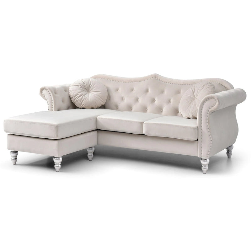 Hollywood 81 in. Velvet Chesterfield Sectional Sofa with 2-Throw Pillow - 81L x 35W x 34H