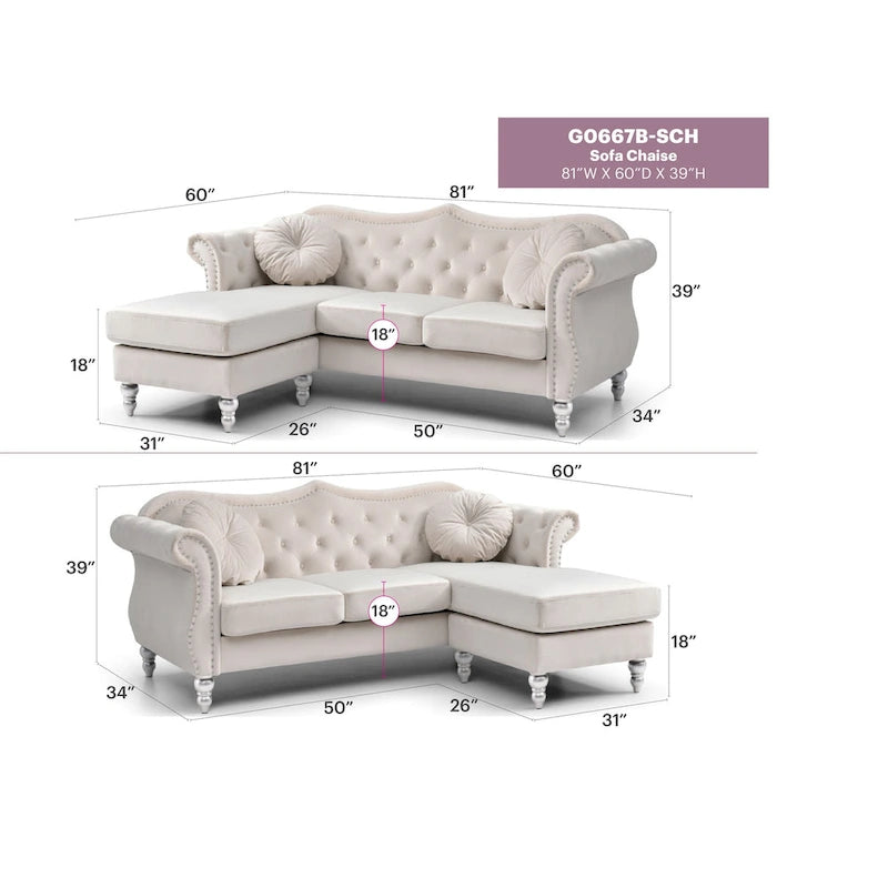 Hollywood 81 in. Velvet Chesterfield Sectional Sofa with 2-Throw Pillow - 81L x 35W x 34H