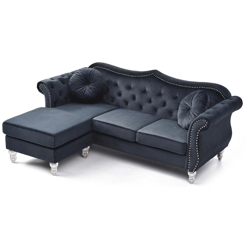 Hollywood 81 in. Velvet Chesterfield Sectional Sofa with 2-Throw Pillow - 81L x 35W x 34H