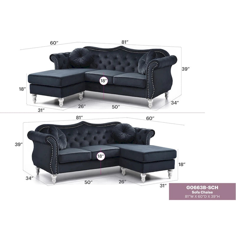 Hollywood 81 in. Velvet Chesterfield Sectional Sofa with 2-Throw Pillow - 81L x 35W x 34H