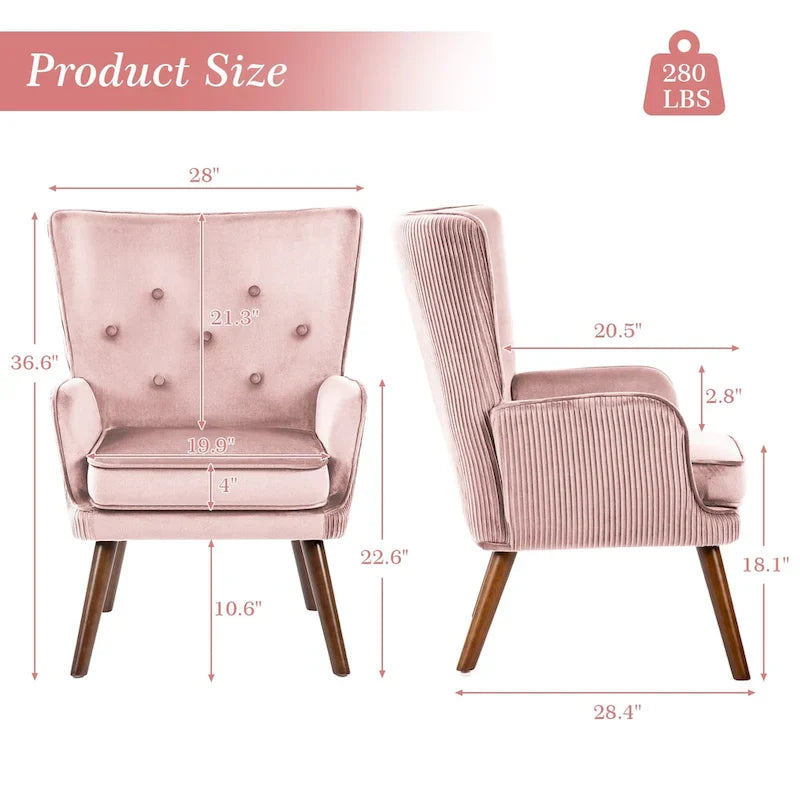 Modern Upholstered Velvet Wingback Accent Arm Chair, Set of 2 - 36.6 H x 28 W x 28.4 D