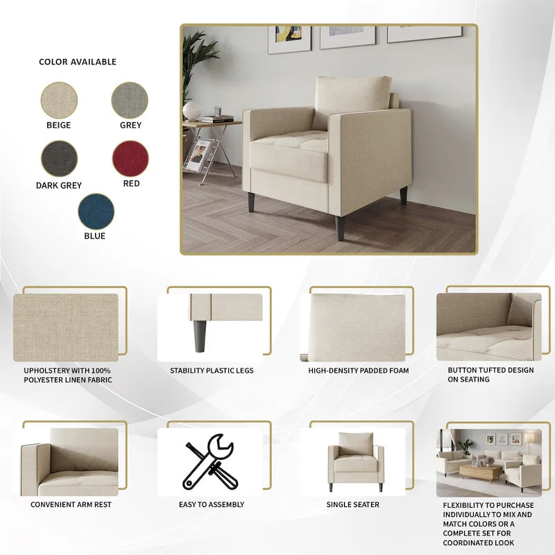 CraftPorch Contemporary Minimalist Linen Upholstered 3-Piece Living Room Set