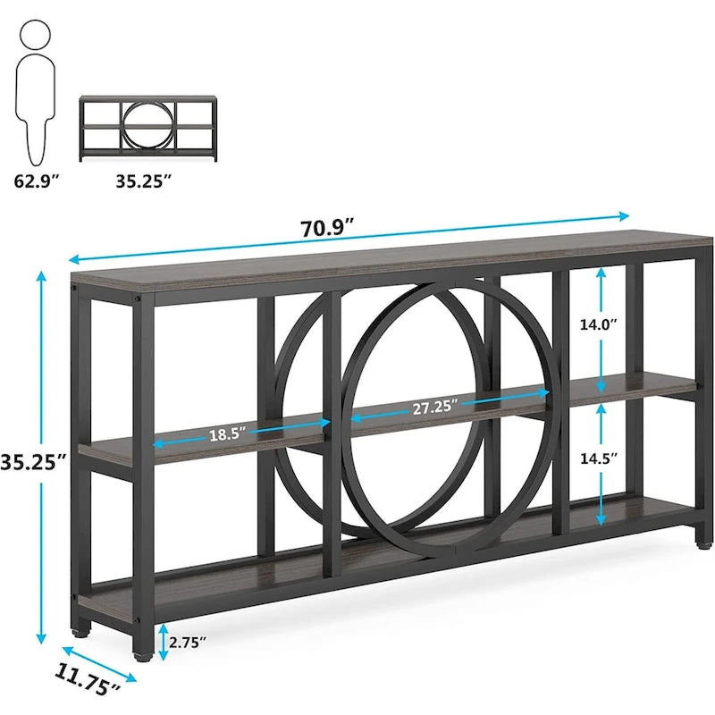 70.9 inch Sofa Console Table with 3 Tier Wood Storage Shelves Industrial Metal Frame for Foyer Hallway Living Room Behind Couch