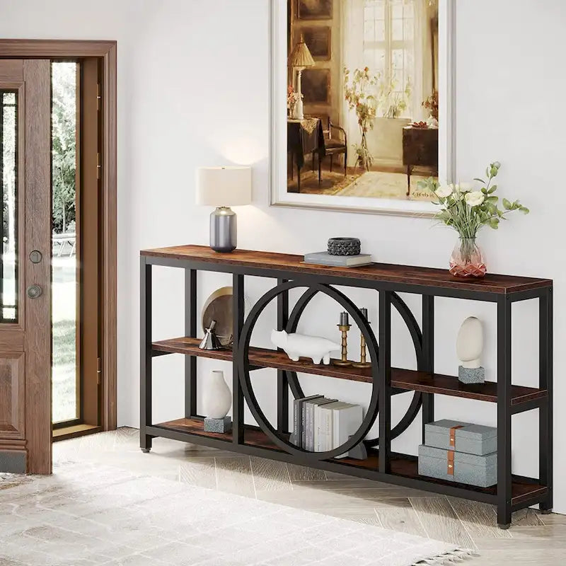 70.9 inch Sofa Console Table with 3 Tier Wood Storage Shelves Industrial Metal Frame for Foyer Hallway Living Room Behind Couch