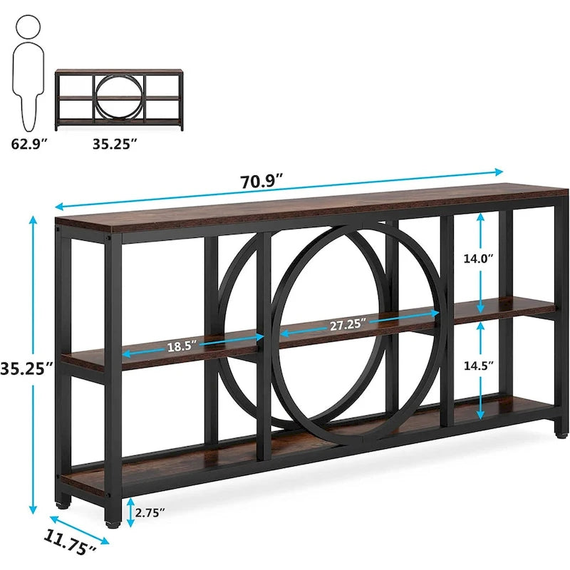 70.9 inch Sofa Console Table with 3 Tier Wood Storage Shelves Industrial Metal Frame for Foyer Hallway Living Room Behind Couch