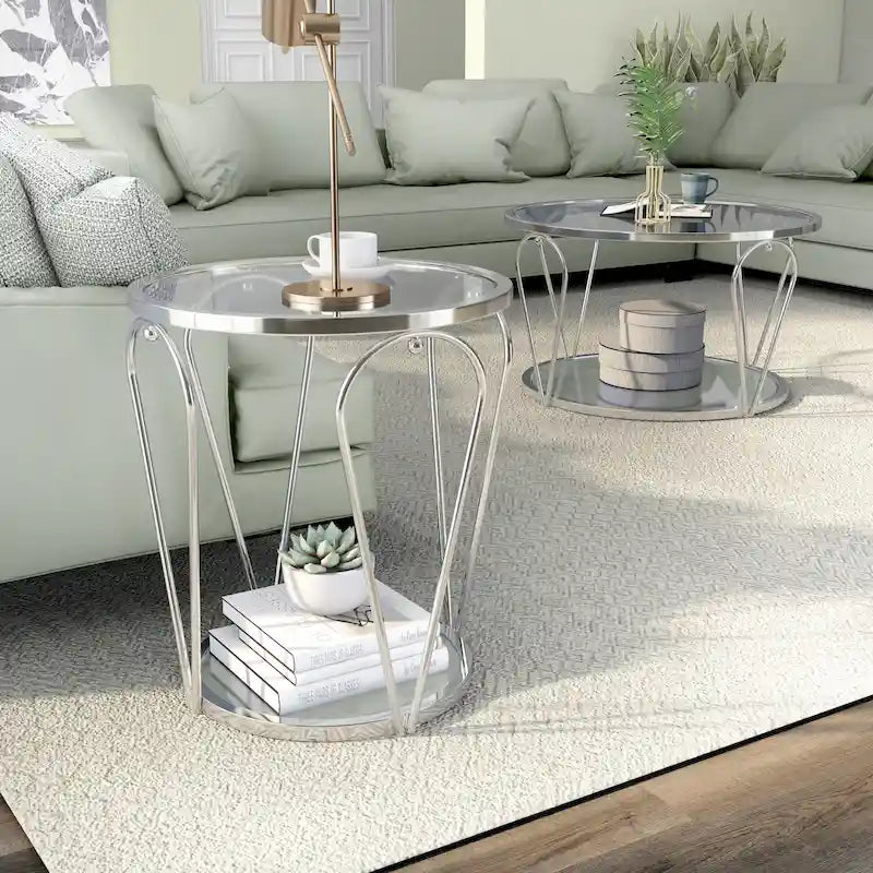 Gable Glam 2-Piece Glass Top Coffee Table Set with Shelf by Furniture of America