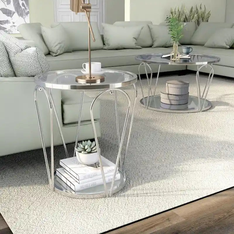 Gable Glam 2-Piece Glass Top Coffee Table Set with Shelf by Furniture of America