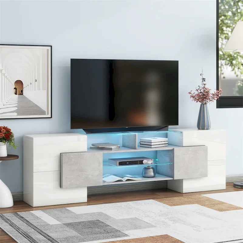 Merax TV Stand with 2 Illuminated Glass Shelves, High Gloss Entertainment Center for TVs Up to 80 - n/a