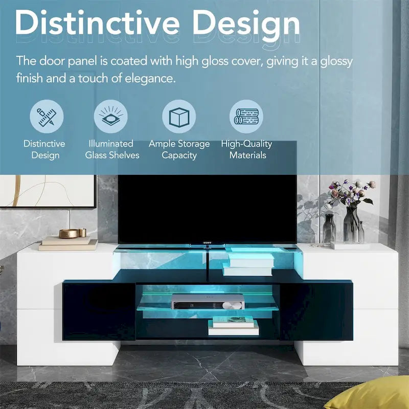 Merax TV Stand with 2 Illuminated Glass Shelves, High Gloss Entertainment Center for TVs Up to 80 - n/a